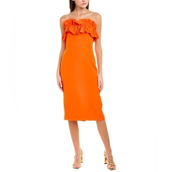 MONIQUE LHUILLIER Strapless Faille Body-Con Midi Dress Orange